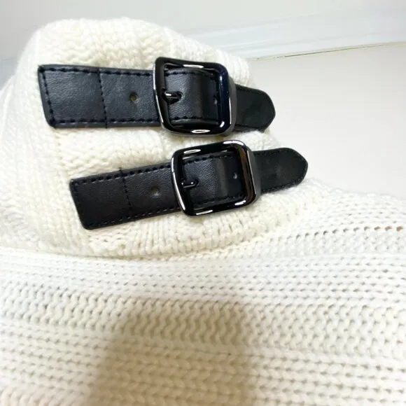NWT Chico's Black Label Ivory Poncho Sweater Buckle Neck L/XL Cashmere Blend