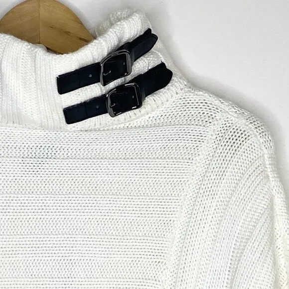 NWT Chico's Black Label Ivory Poncho Sweater Buckle Neck L/XL Cashmere Blend