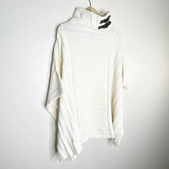 NWT Chico's Black Label Ivory Poncho Sweater Buckle Neck L/XL Cashmere Blend