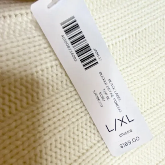 NWT Chico's Black Label Ivory Poncho Sweater Buckle Neck L/XL Cashmere Blend