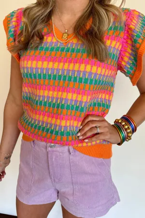 Orange Printed Cap Sleeve Ribbed Trim Sweater