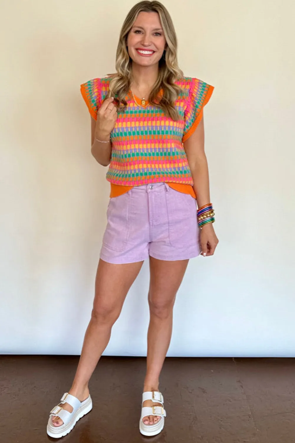 Orange Printed Cap Sleeve Ribbed Trim Sweater