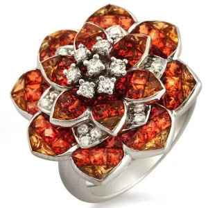 Orange Sapphire & Diamond accent in Flower Design Ring, 18k White Gold