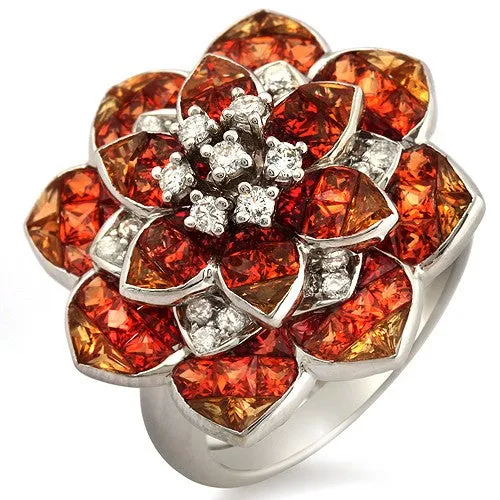 Orange Sapphire & Diamond accent in Flower Design Ring, 18k White Gold