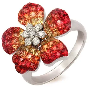 Orange Sapphire & Diamond Flower Design Ring, 18k White Gold