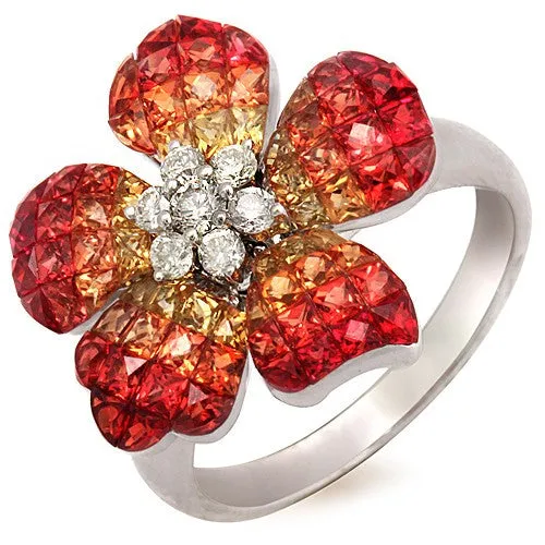 Orange Sapphire & Diamond Flower Design Ring, 18k White Gold