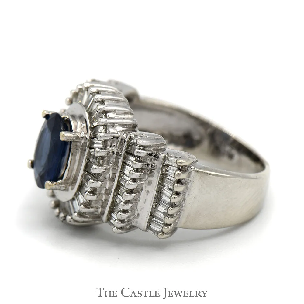 Oval Sapphire Ring with Baguette Diamond Halo and Accents in 14k White Gold