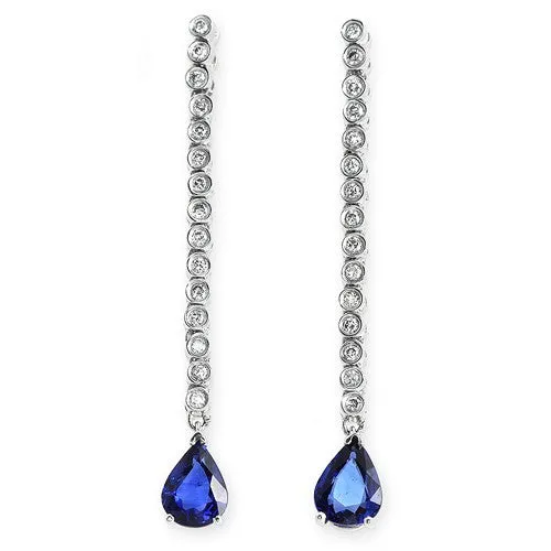 Pear-shaped Blue Sapphire & Round Diamonds Long Dangling Earrings 18k White Gold