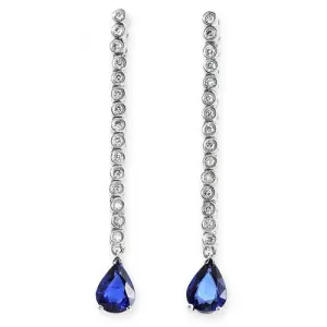 Pear-shaped Blue Sapphire & Round Diamonds Long Dangling Earrings 18k White Gold