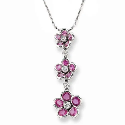 Pink Sapphire & Diamond Floral Style Pendant Necklace In 14k White Gold