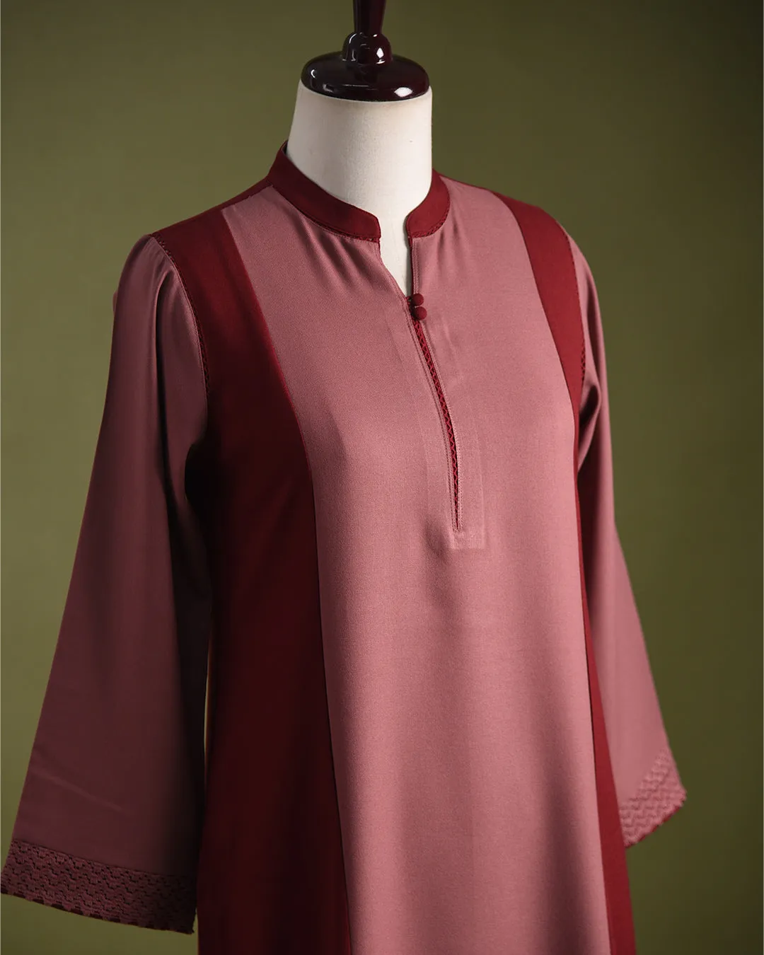Pink With Maroon Winter Wear Wool Spun Blend Ready To Wear Kurta With Pant