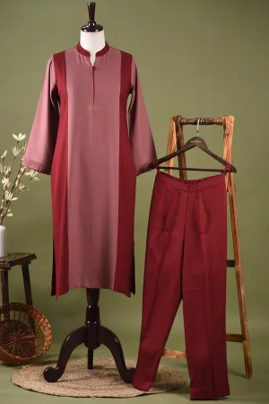 Pink With Maroon Winter Wear Wool Spun Blend Ready To Wear Kurta With Pant