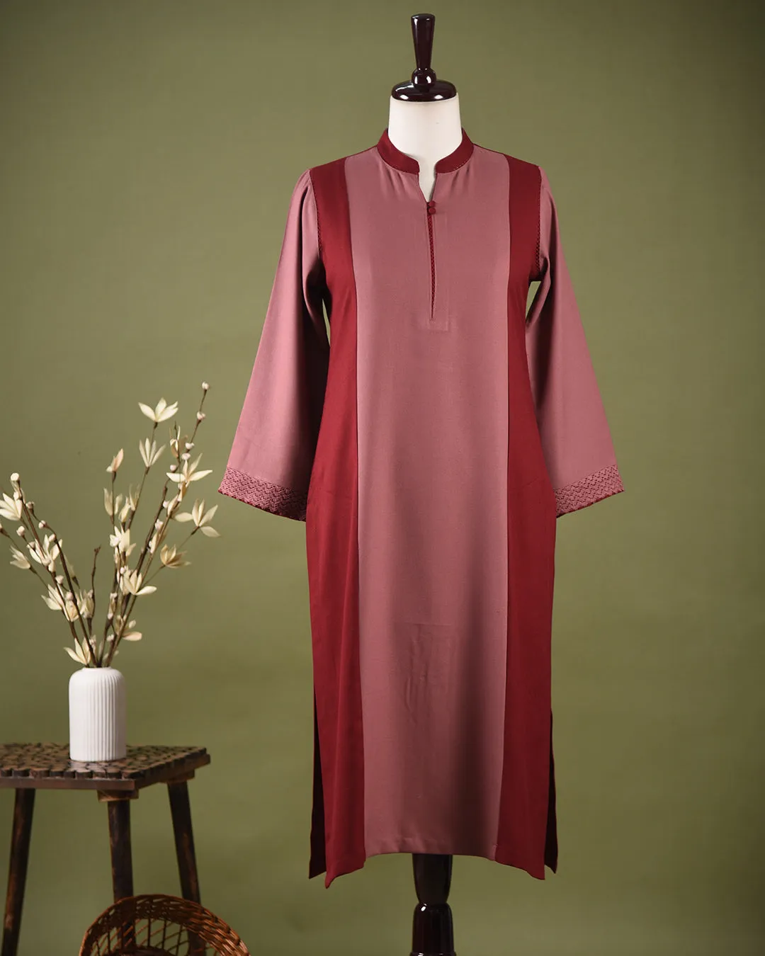 Pink With Maroon Winter Wear Wool Spun Blend Ready To Wear Kurta With Pant