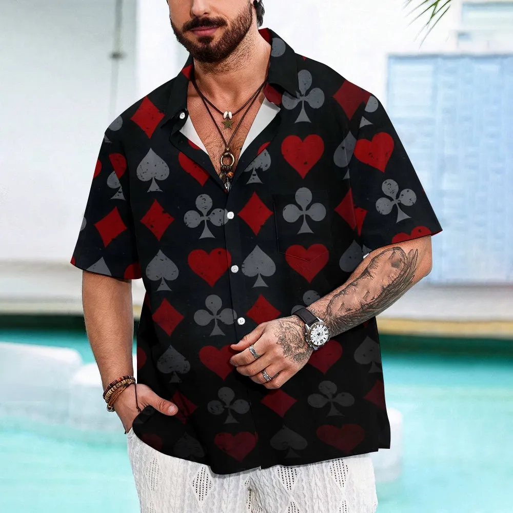 Poker Pattern Chest Pocket Casual Short Sleeve Shirt 2402000284