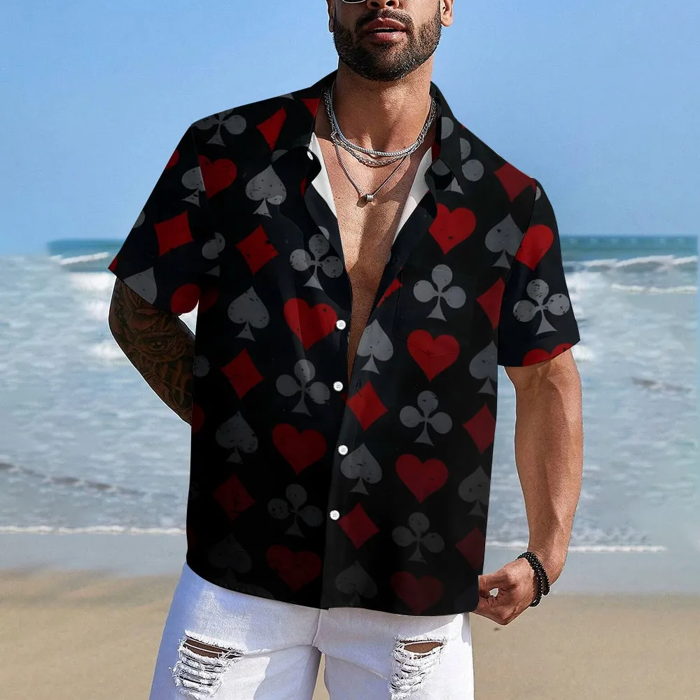 Poker Pattern Chest Pocket Casual Short Sleeve Shirt 2402000284