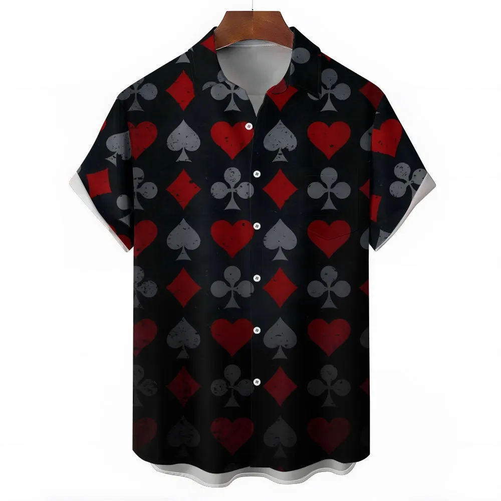 Poker Pattern Chest Pocket Casual Short Sleeve Shirt 2402000284