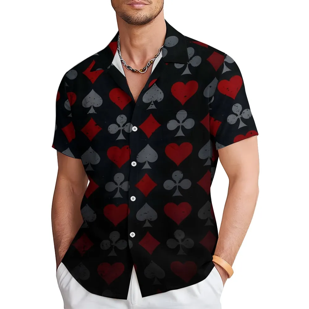 Poker Pattern Chest Pocket Casual Short Sleeve Shirt 2402000284