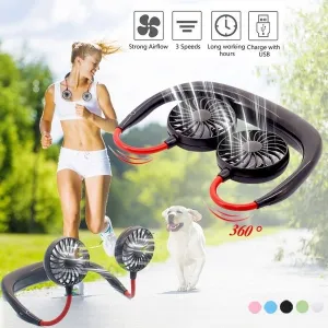 Portable Mini Fan Double Wind Heads Neckband Fan with USB Rechargeable for Traveling Outdoor Sports