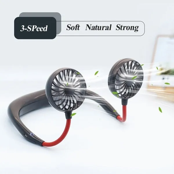 Portable Mini Fan Double Wind Heads Neckband Fan with USB Rechargeable for Traveling Outdoor Sports