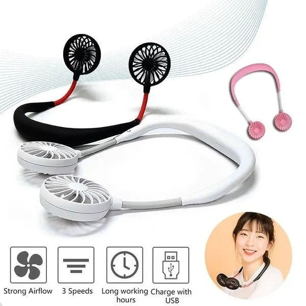 Portable Mini Fan Double Wind Heads Neckband Fan with USB Rechargeable for Traveling Outdoor Sports