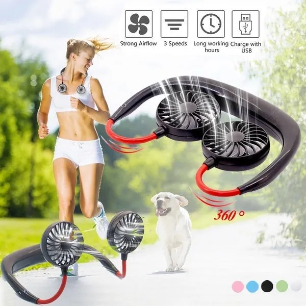 Portable Mini Fan Double Wind Heads Neckband Fan with USB Rechargeable for Traveling Outdoor Sports