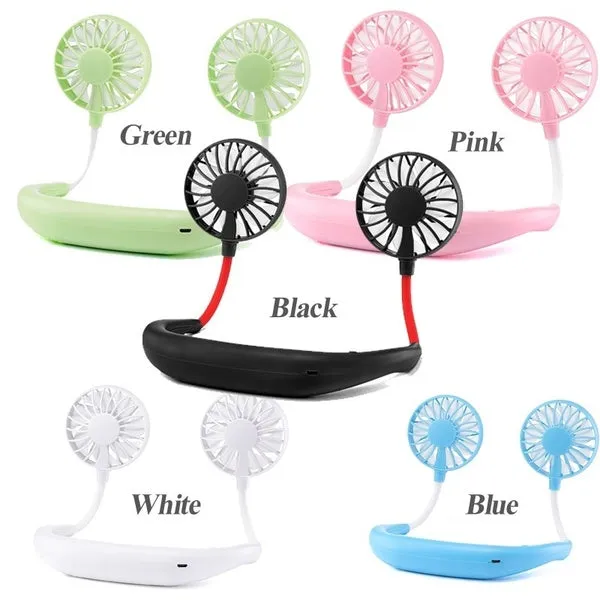 Portable Mini Fan Double Wind Heads Neckband Fan with USB Rechargeable for Traveling Outdoor Sports