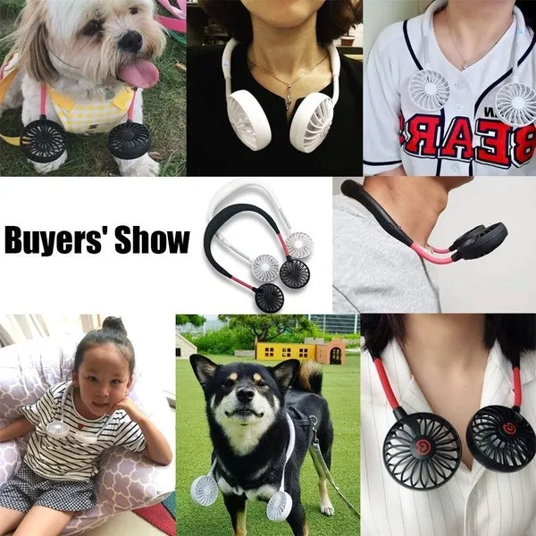 Portable Mini Fan Double Wind Heads Neckband Fan with USB Rechargeable for Traveling Outdoor Sports