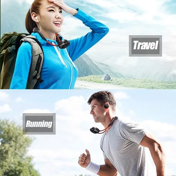 Portable Mini Fan Double Wind Heads Neckband Fan with USB Rechargeable for Traveling Outdoor Sports