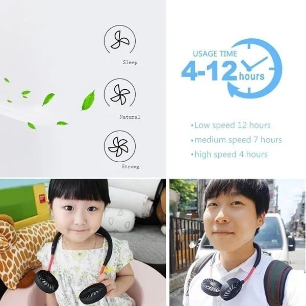 Portable Mini Fan Double Wind Heads Neckband Fan with USB Rechargeable for Traveling Outdoor Sports