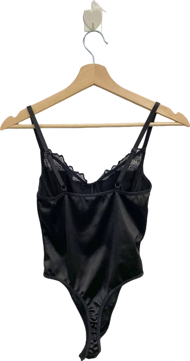 PrettyLittleThing Black Satin Lace Bodysuit UK S
