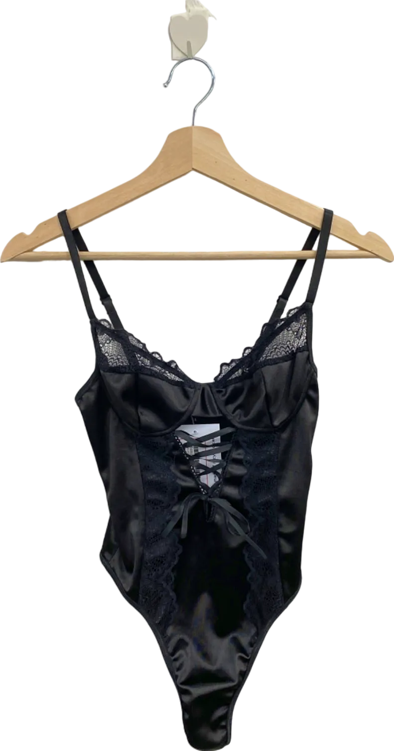 PrettyLittleThing Black Satin Lace Bodysuit UK S