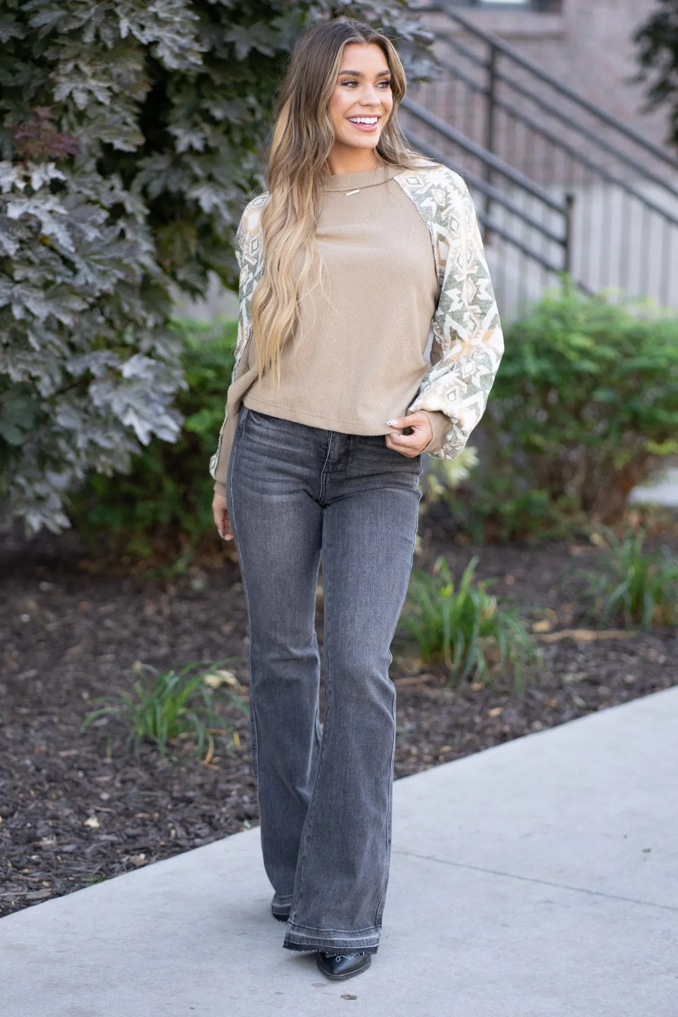 Printed Long Sleeve Round Neck Knit Top