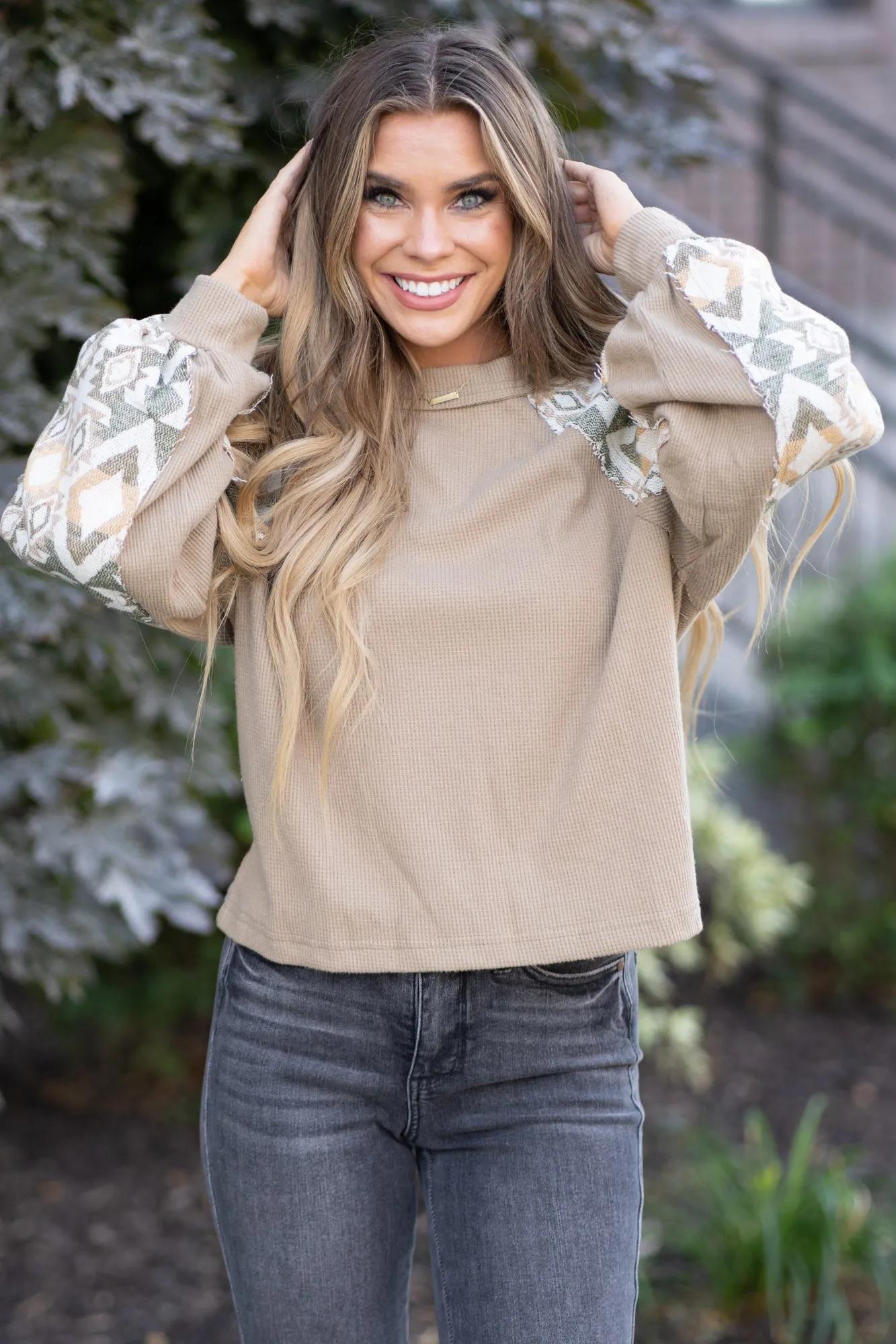 Printed Long Sleeve Round Neck Knit Top