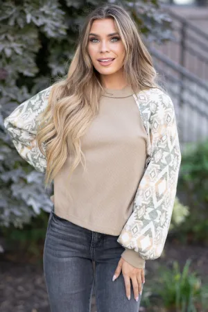Printed Long Sleeve Round Neck Knit Top