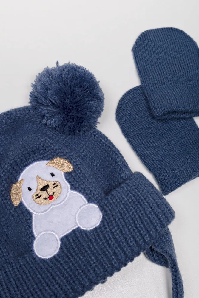 Puppy Beanie And Mittens Set Navy