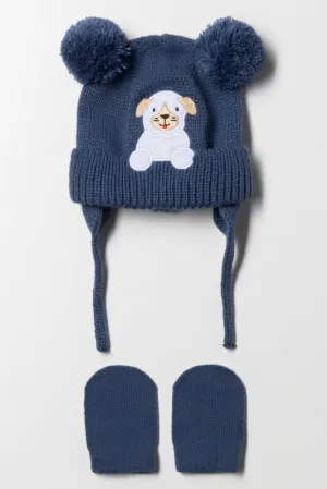 Puppy Beanie And Mittens Set Navy