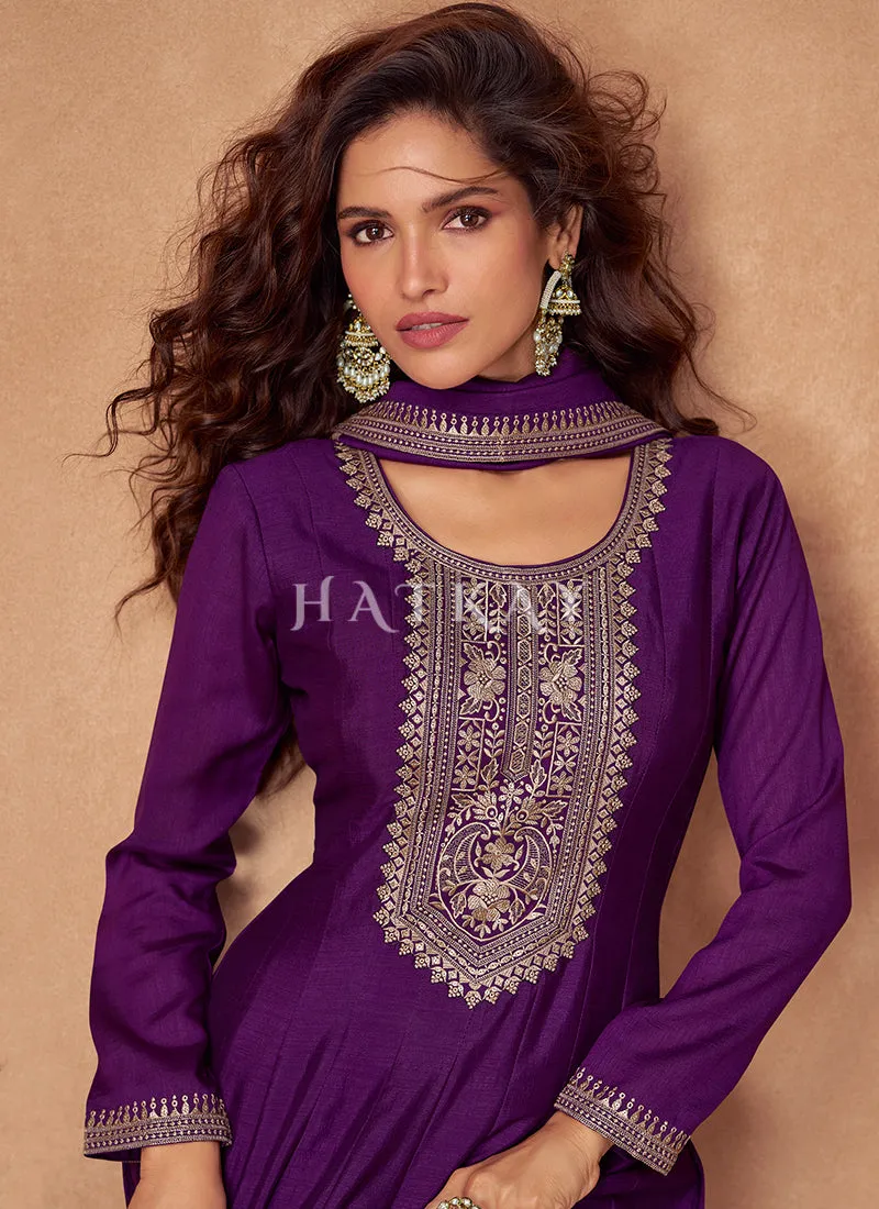 Purple Embroidery Anarkali Suit