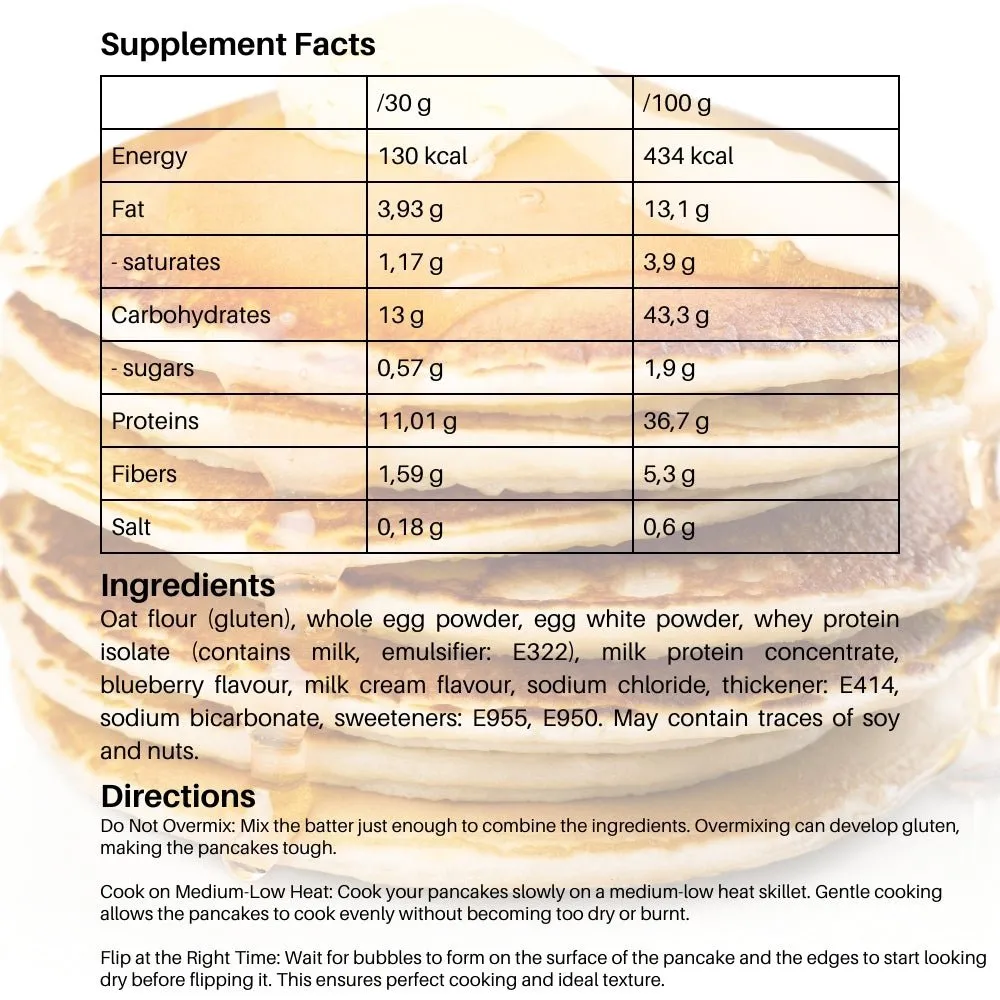QNT Protein Pancake Low Sugar 500g (per 30g scoop: 11g protein, 13g carbs, 3.9g fat)