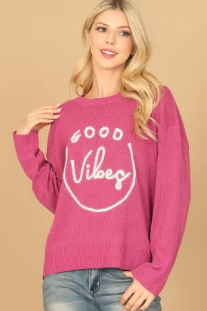"GOOD VIBES" PRINT RIBBED SWEATER