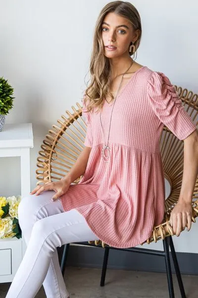 Rachel Waffle Knit V-Neck Babydoll Top - Online Exclusive