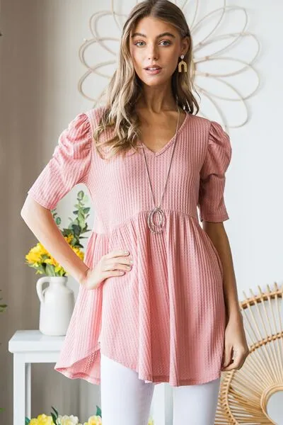 Rachel Waffle Knit V-Neck Babydoll Top - Online Exclusive