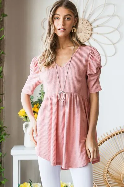 Rachel Waffle Knit V-Neck Babydoll Top - Online Exclusive