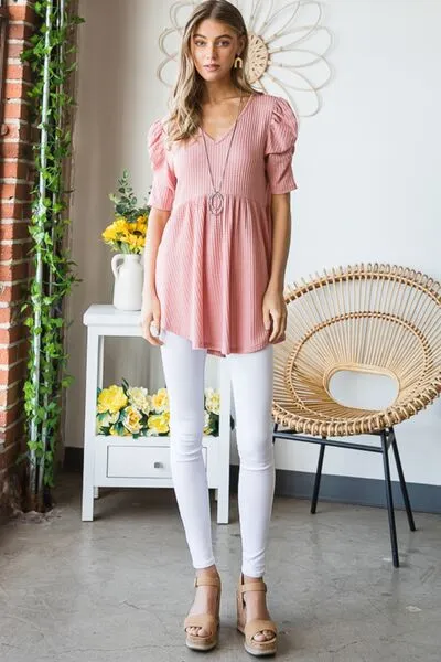 Rachel Waffle Knit V-Neck Babydoll Top - Online Exclusive