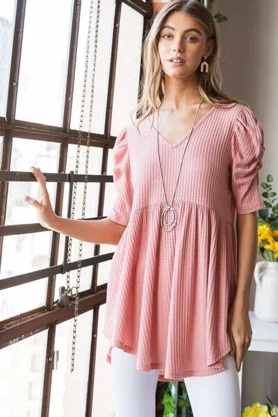 Rachel Waffle Knit V-Neck Babydoll Top - Online Exclusive
