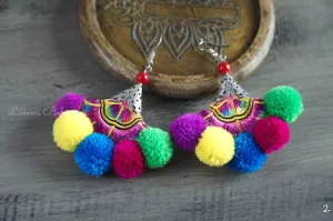 Rainbow Fiesta Embroidered Pom Pom Earrings