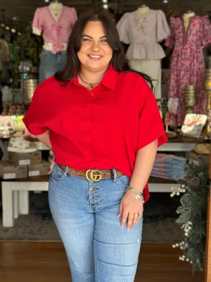 Red Button Up Collared Top
