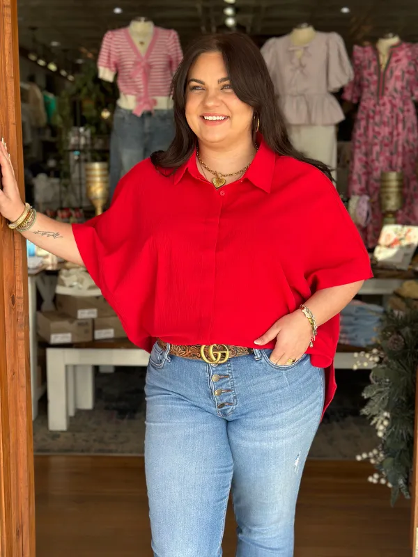 Red Button Up Collared Top