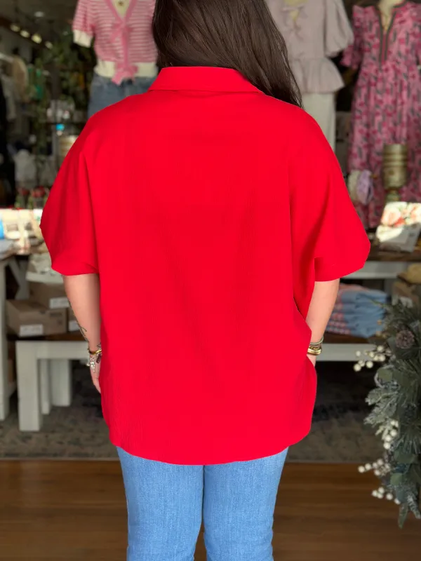 Red Button Up Collared Top
