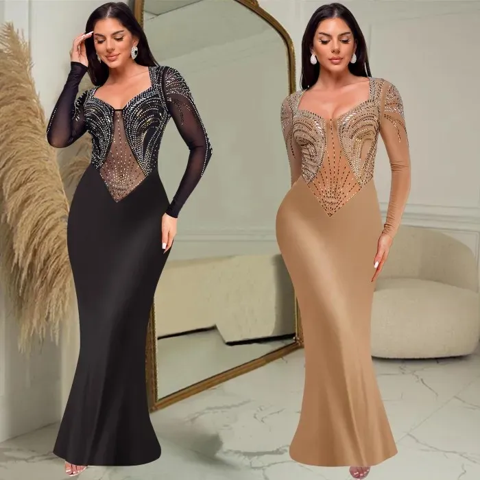 Rhinestone solid color long sleeved dress