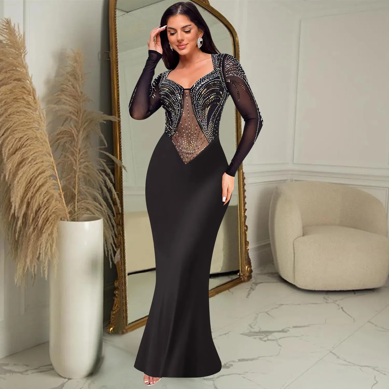 Rhinestone solid color long sleeved dress